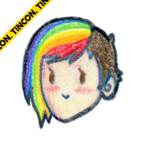 Zeichnung des Speakers. Die Person hat einen Kurzhaarschnitt. Die Hälfte der Haare ist in Regenbogenfarben gemalt.