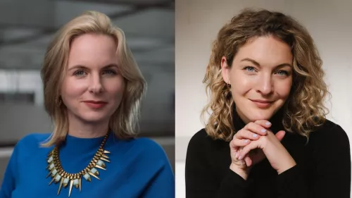 Das Foto zeigt zwei nebeneinanderstehende Portrait Aufnahmen von Franzi von Kempis und Sally Lisa Starken. Sie beide gucken in die Kamera und tragen schulterlanges Haar.