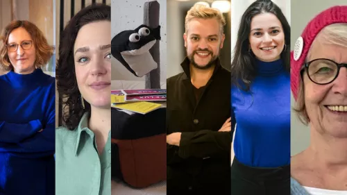 Foto von den Sprecher*innen des Democracy Speeddating: Judith Porath, Beatrice Ullrich, Maskottchen von polylux e.V., Johannes Tödte, Basma Bahgat und Birigt Heller