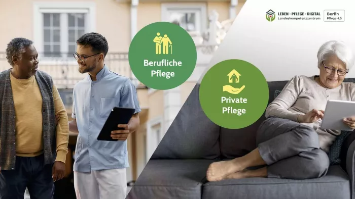 Zwei Fotos mit den Aufschriften „Berufliche Pflege“ und „Private Pflege“. Es sind Menschen zu erkennen, die miteinander sprechen oder auf einer Couch sitzen und lesen.