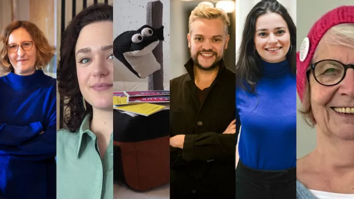 Foto von den Sprecher*innen des Democracy Speeddating: Judith Porath, Beatrice Ullrich, Maskottchen von polylux e.V., Johannes Tödte, Basma Bahgat und Birigt Heller