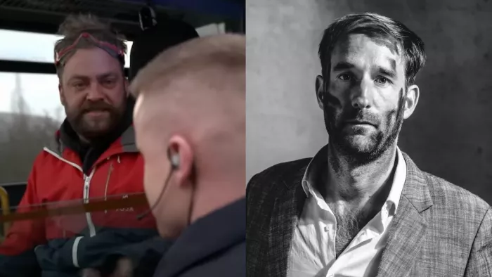 Fotos von Stefan Pelzer (links) und Philipp Ruch (rechts). Stefan Pelzer sitzt in einem Bus und schaut aus dem Fenster heraus einen Polizisten an. Philipp Ruch trägt Hemd und Jackett und sein Gesicht ist mit Farbe eingeschmiert. Das Foto ist in schwarz-weiß.