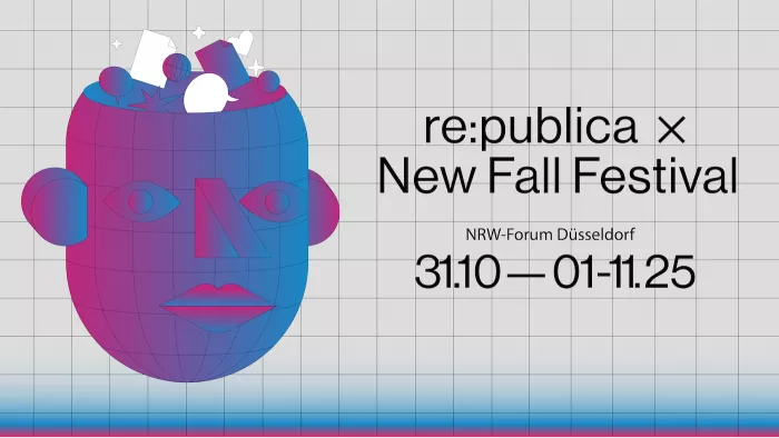 Keyvisual für die re:publica beim New Fall Festival (31.10.-01.11.), auf dem ein Kopf aus geometrischen Formen vor einem karierten Hintergrund zu sehen ist