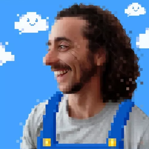 A picture of Dr. Pérez, on a pixelated blue sky background. He smiles while looking to his right, he has curly dark hair and a mustache and he is wearing blue overalls.