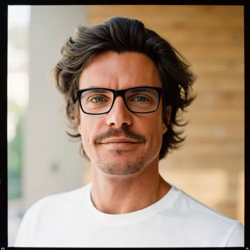 Ein Mann, Michael Mörs, mit mittellangen, gewellten Haaren und Brille blickt freundlich in die Kamera. Er trägt ein weißes T-Shirt und steht vor einem unscharfen, hellen Hintergrund mit Holzstruktur.