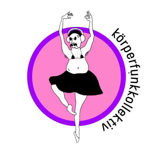 Illustration einer Figur in Ballettpose mit Kopfhörern, Sonnenbrille, BH und Rock. Der Hintergrund ist ein pinker Kreis mit lilafarbener Umrandung.