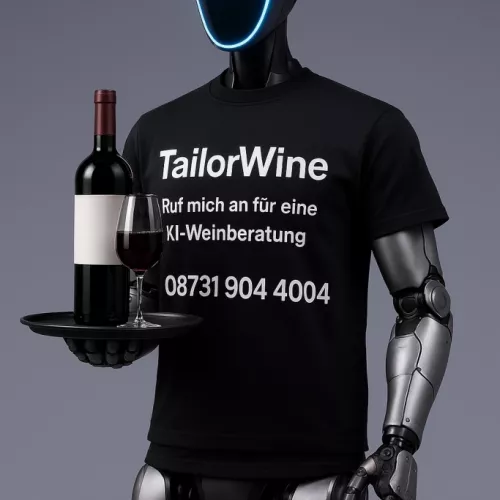 Ein humanoider Roboter-Sommelier der auf seinem T-Shirt stehen hat " TailorWine - Ruf mich an für eine KI-Weinberatung - 08731 904 4004"